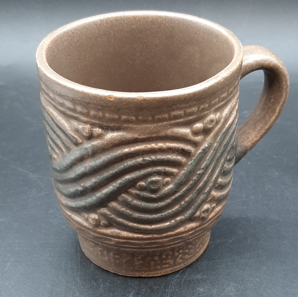 Vintage Pottery Stackable Coffee Mugs Tiki Looking Green Brown Made in Japan - Picture 2 of 6
